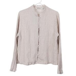 Orvis Blouse XL Oatmeal Beige Linen Pintuck Pleats Button-Up Long Sleeve Top